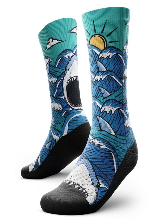 Outway Novelty Crew Socks for Men & Women, Breathable, Moisture-Wicking Athletic Calf Sock with Arch Support, Polyester & Spandex Blend, Colorful, Wild Life, Jaws, M-L - Image 1